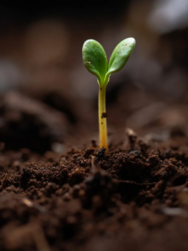 A single seedling emerging from dark, fertile soil A single seedling emerging from dark, fertile soil